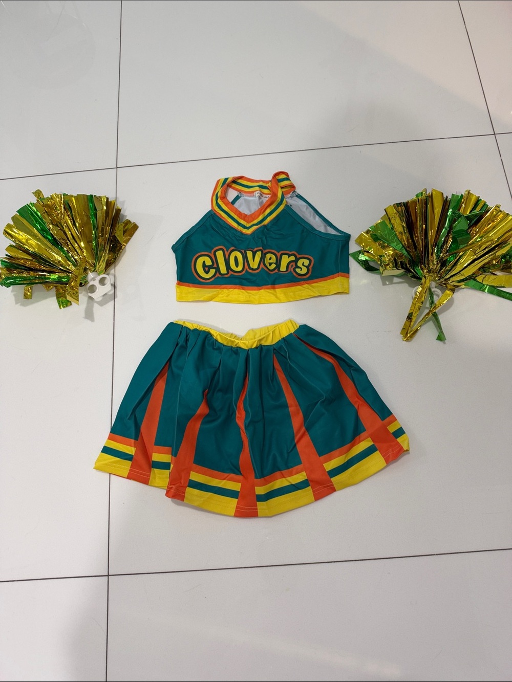 Kids Halloween Cheerleader Costume Set in Teal and Yellow